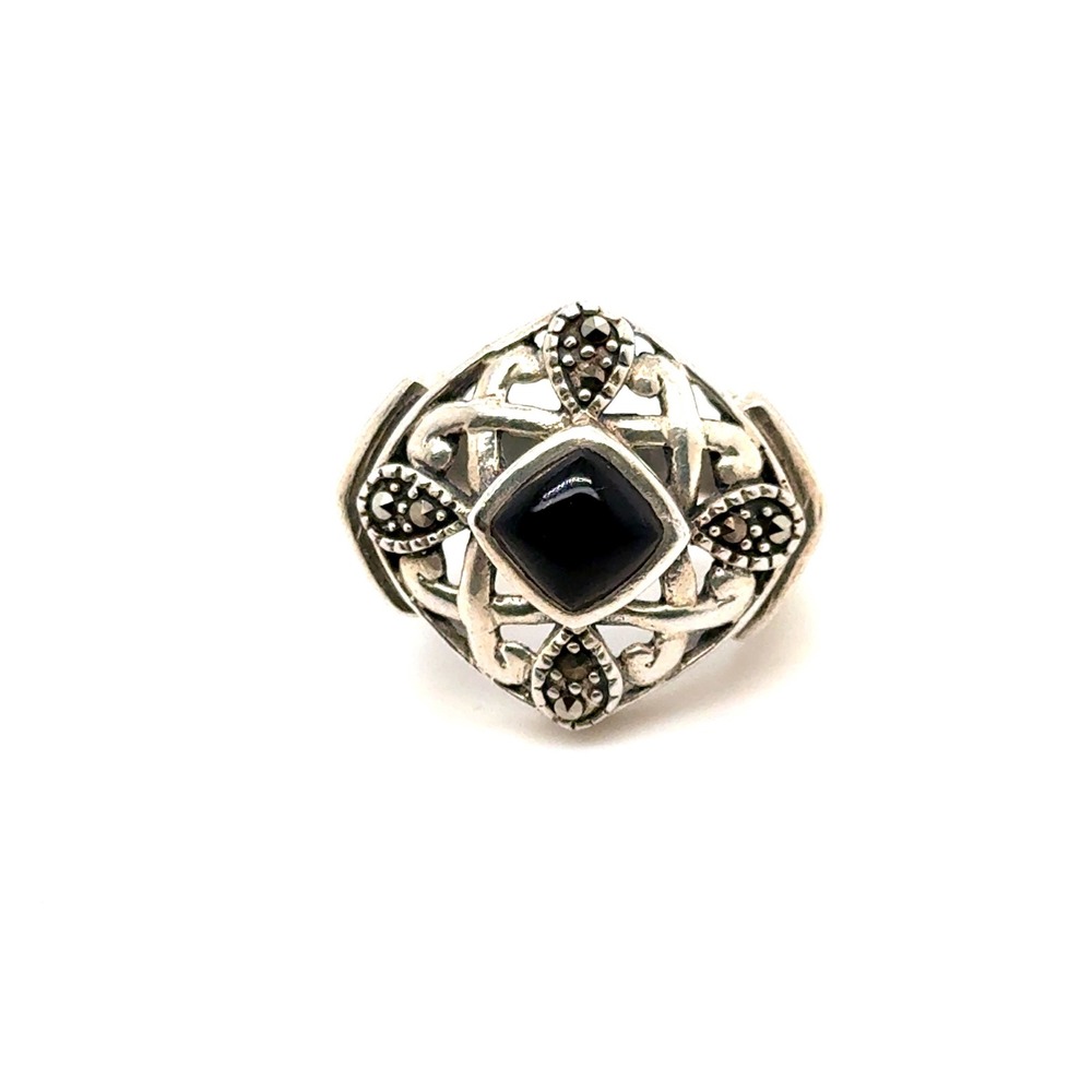 Vintage Sterling Silver Black Onyx Marcasite Celtic Knot Ring Size 6 925 7g